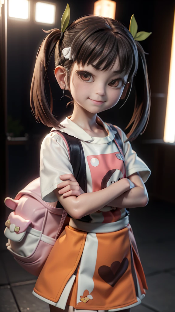 (Highest quality, ultra-high quality, ultra-high definition, realistic masterpiece, extremely detailed CG illustration: 1.2) One girl, (((Hachikuji Mayoi))) from the Monogatari series) Resembles the original character (Mini cute girl) Twin tails (Chibi, Mini, Smirking face, Highlights on eyes, 8 years old: 1.5) (hachikuji, Official costume, Big backpack) Unsettled movements, Cinematic lighting, Dramatic light effects, Historical masterpiece,