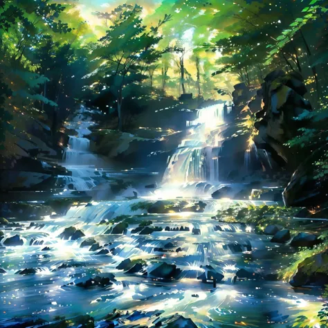 Arafed waterfall in forest with sunlight and rocks, With waterfall and river, a river flowing with waterfall, Flowing light flow...