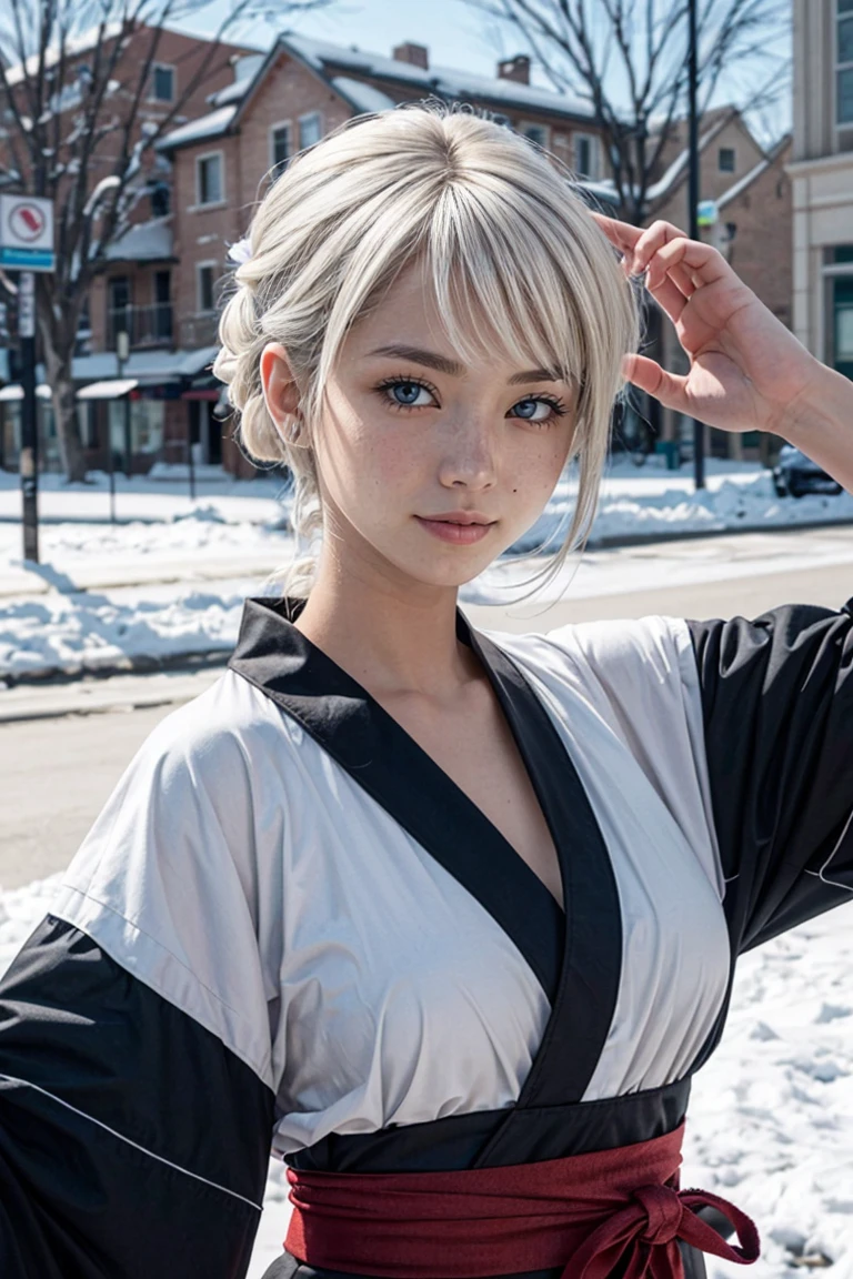 Real amateur photos posted , ((Highest quality)), ((masterpiece)), (detailed), One girl, Snow Woman,White Hair,Blue Eyes,kimono,Hurrah!,Raise your arms,Asian
