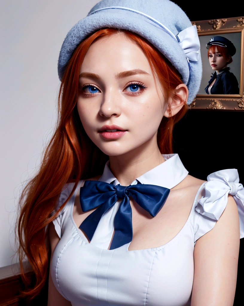 ((masterpiece)),(best quality),official art,extremely detailed CG,unity 8k wallpaper,ultra detailed,beautiful detailed eyes,extremely detailed face,1girl,solo,upper body,(portrait:1.5),looking at viewer,facing viewer,smile,ryuuguu rena,beret,white headwear,orange hair,medium hair,hair between eyes,eyes visible through hair,blue eyes,blue collar,white dress,puffy short sleeves,purple bow,blue wrist cuffs,medium breasts,back bow,hip vent,black thighhighs,brown footwear,boots,medium breasts, photorealistic, 8k photography