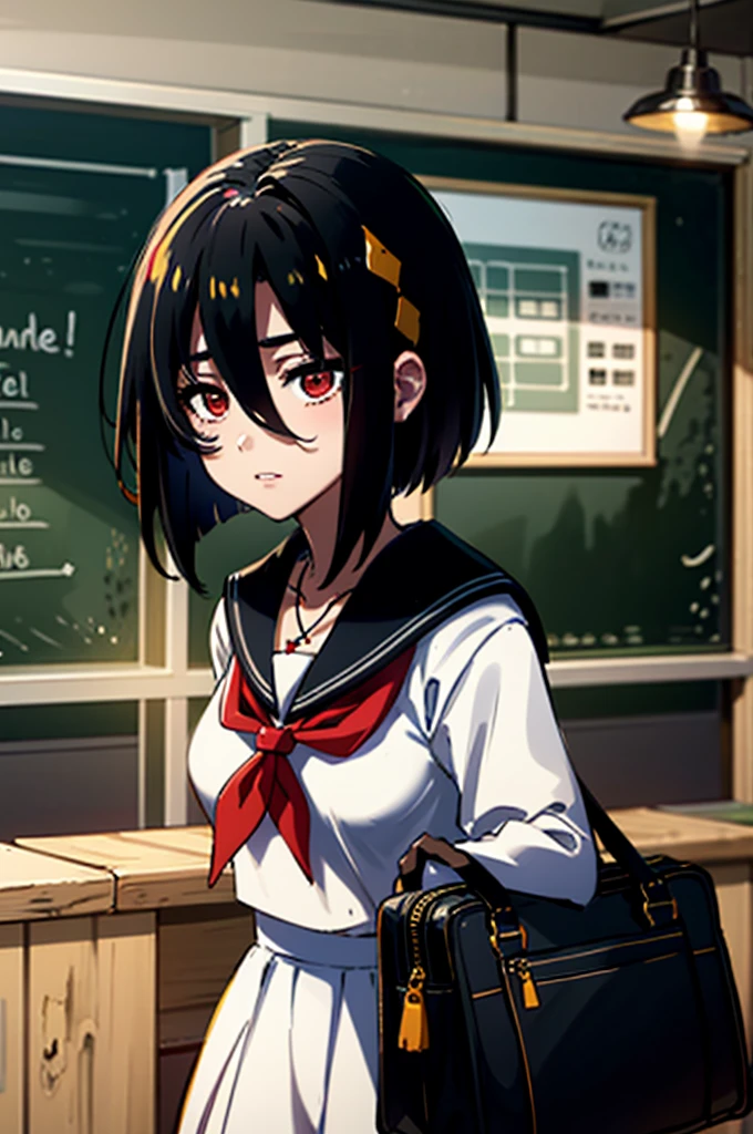 masterpiece, Highest quality, One girl, alone, EP Phenyl, short hair, Black Hair, Red eyes, Hair between the eyes,necklace, , Sailor suit , school bag, School desk, blackboard, indoor,