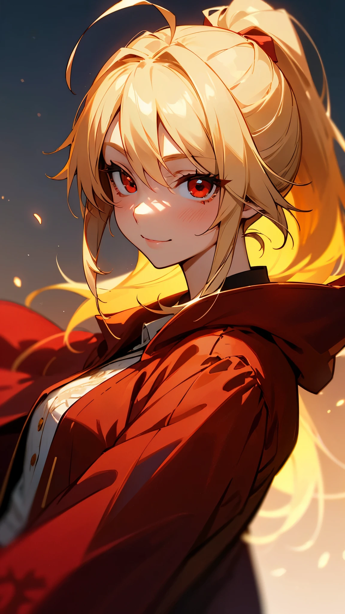 1 Girl、Sharp focus、(Bokeh) (Highest quality) (Detailed skin:1.3) (Intricate details) (anime)、 age、Blonde ponytail、Ahoge、Beautiful red eyes、smile、Red coat、White shirt、Slender body、From the side、Upper body close-up、Golden Hour Sky