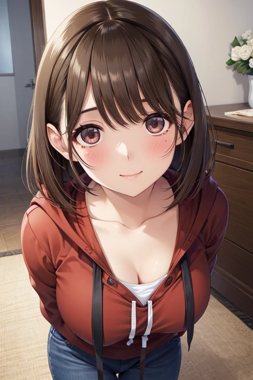 
anegasaki nene、Shiny brown hair, short hair, Beautiful brown eyes、smile、Sparkling eyes, (Fine grain)、Ultra-detailed eyes、Highly detailed face, Highly detailed eyes,


(high quality, High resolution, Fine details),  masterpiece, 最high quality, 8k wallpaper,

1 Girl, alone,  Fine and beautiful eyes, , chest, Looking at the audience, blush, Brown eyes, large chest, 
Medium Hips, Baggy thighs, Red hoodie,((BREAK 白いburuma))