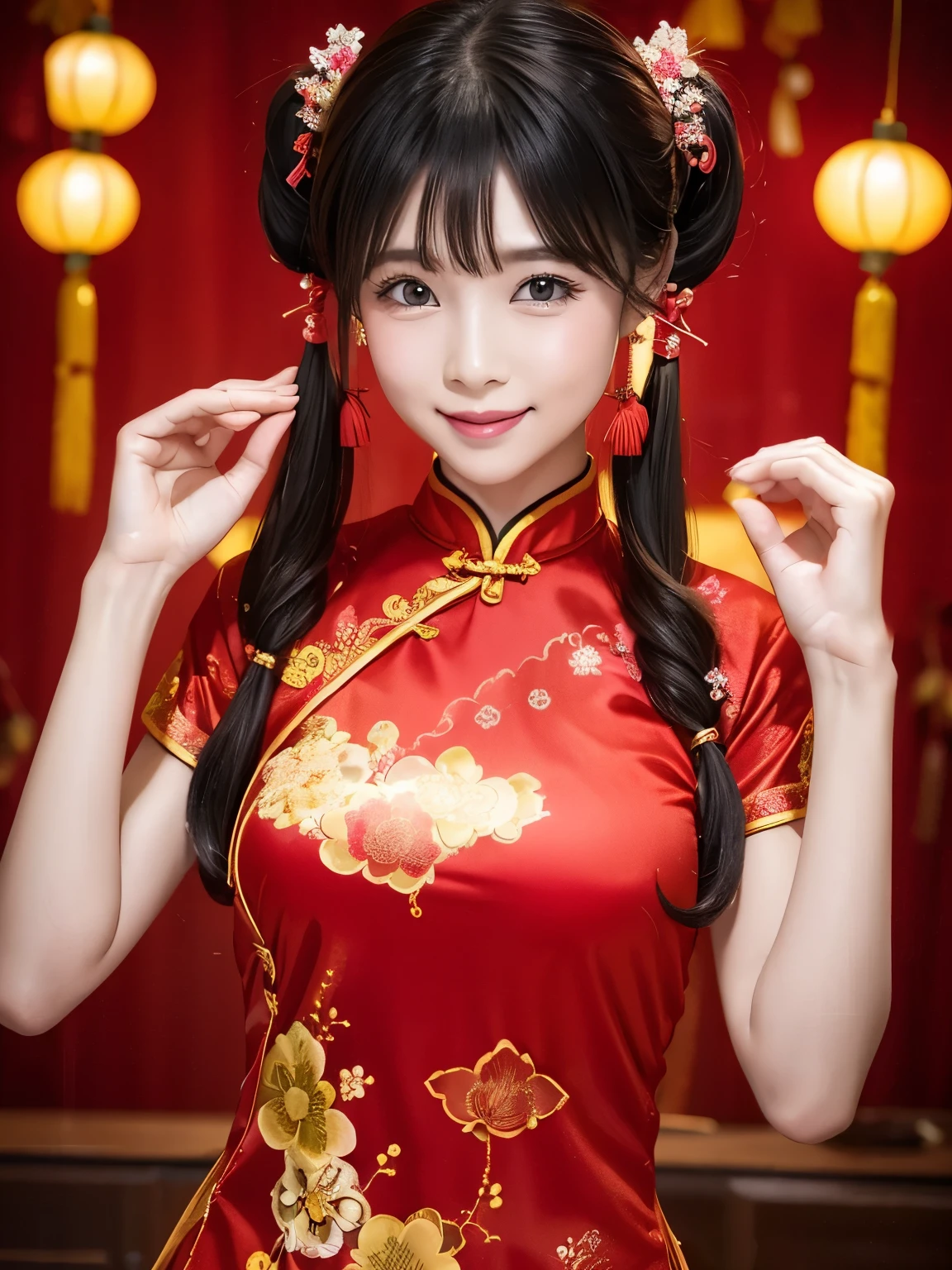 Eyes are very fragile，Twin Tails Cheongsam，Chinese New Year decorations（（Smile artwork）））， （（best quality））， （（Intricate details））， （（Surreal））（8K）