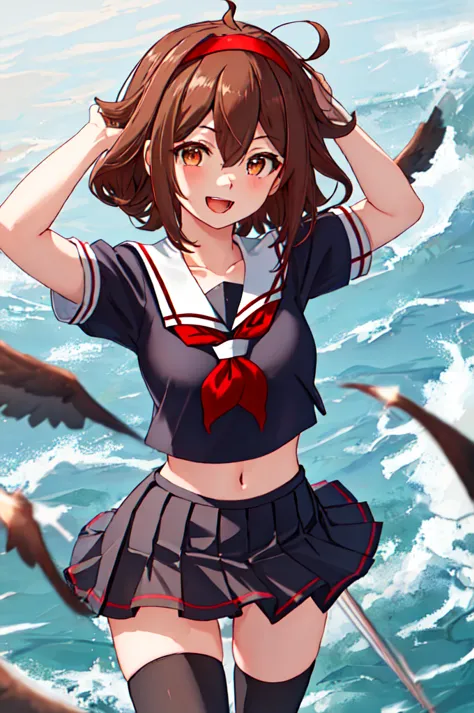 highest quality, masterpiece, high resolution, 一人in, {shirinsuyu_kantai collection:1.15}, brown_hair, brown_eye, hairband, red_h...