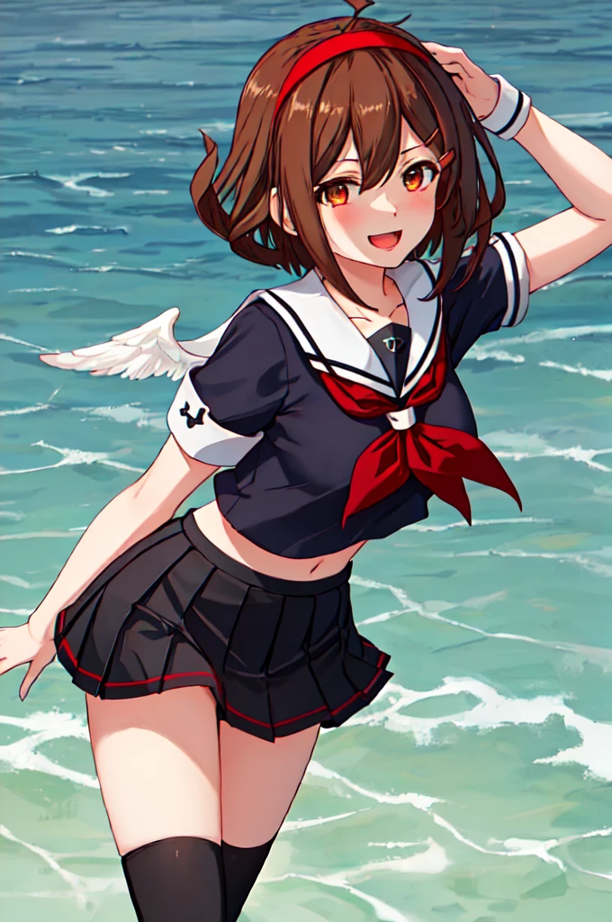 Highest quality, masterpiece, High resolution, 一人w, {shirwsuyu_Kantai Collection:1.15}, brown_hair, brown_eye, hairband, red_hairband, smile, hair_flap, length_hair, red noodles, Seraphim, Open_mouth, short_hair, hair_between_eye, chest, One Girl, black_Seraphim, black_skirt, Lookwg_w_audience, neckerchief, plewed_skirt, red_neckerchief, Sailor_collar, School_uniform, short_sleeve, skirt, black_Knee socks, collarbone, Knee socks