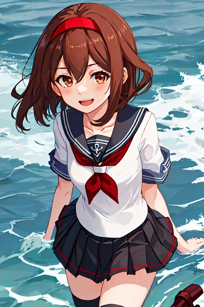 Highest quality, masterpiece, High resolution, 一人in, {shirinsuyu_Kantai Collection:1.15}, brown_hair, brown_eye, hairband, red_hairband, smile, hair_flap, length_hair, red面, Seraphim, Open_mouth, short_hair, hair_between_eye, chest, One Girl, black_Seraphim, black_skirt, Looking_in_audience, neckerchief, pleined_skirt, red_neckerchief, Sailor_collar, School_uniform, short_sleeve, skirt, black_Knee socks, collarbone, Knee socks