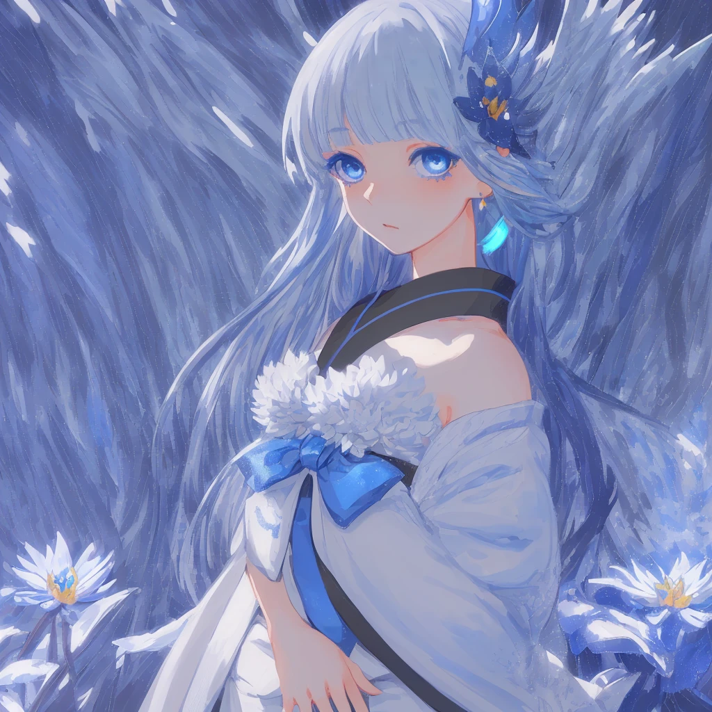 Lily-inspired Aster Pieces, highest quality)), High resolution, 8k, Cinematic Light, High Contrast, Written boundary depth, Strong brilliance, Detailed Background,  Shining Eyes, Detailed Iris,Yuki Onna, 1girl, japanese kimono, bare shoulder, light blue hair, extremely long hair, blue eyes, hair ornament, blue ribbon, blue earring, medium chest