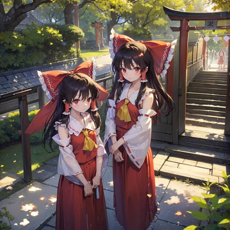 (((reimu hakurei)))　((shrine maiden　shrine))　(maple　shrine)　shining edge　shining background