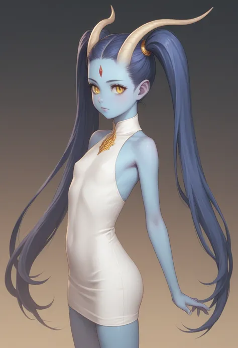 childish, skinny, cute, blue skin, young female demon, long hairstyle, twin tails, wide forehead, yellow eyes, long horns, flat ...