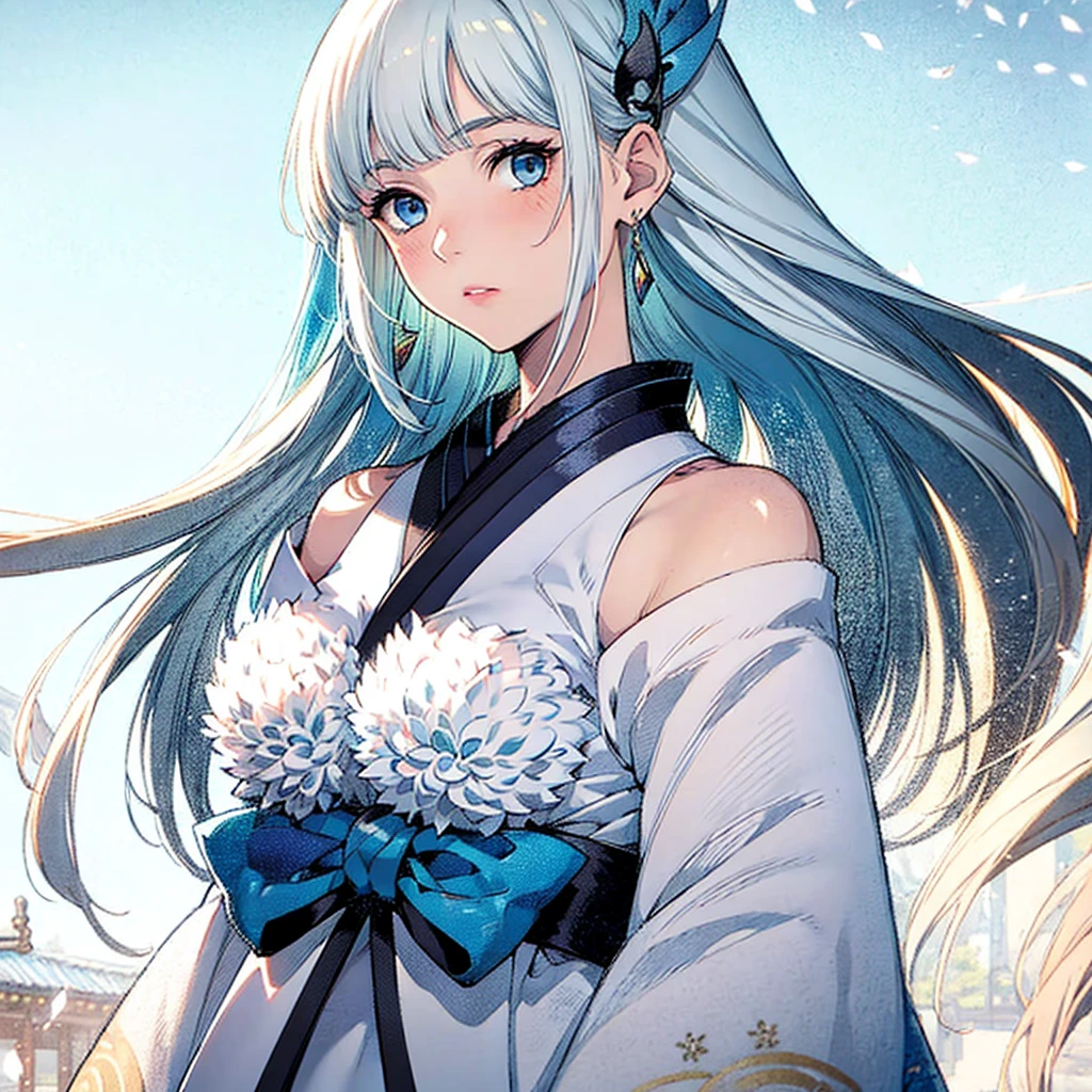 (Best quality, 4K, 8K, A high resolution, Masterpiece:1.2), Ultra-detailed,  Exquisite facial features， Graceful posture, Dreamy atmosphere, expressive brush strokes, mystical ambiance, Artistic interpretation,，Fantasy illustration, Subtle colors and tones, The details have been upgraded, Yuki Onna, 1girl, japanese kimono, bare shoulder, light blue hair, extremely long hair, blue eyes, hair ornament, blue ribbon, blue earring, medium chest