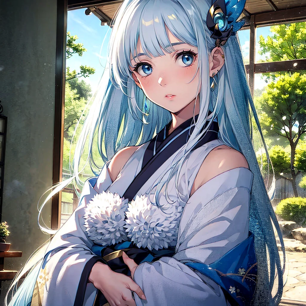 (Best quality, 4K, 8K, A high resolution, Masterpiece:1.2), Ultra-detailed,  Exquisite facial features， Graceful posture, Dreamy atmosphere, expressive brush strokes, mystical ambiance, Artistic interpretation,，Fantasy illustration, Subtle colors and tones, The details have been upgraded, Yuki Onna, 1girl, japanese kimono, bare shoulder, light blue hair, extremely long hair, blue eyes, hair ornament, blue ribbon, blue earring, medium chest