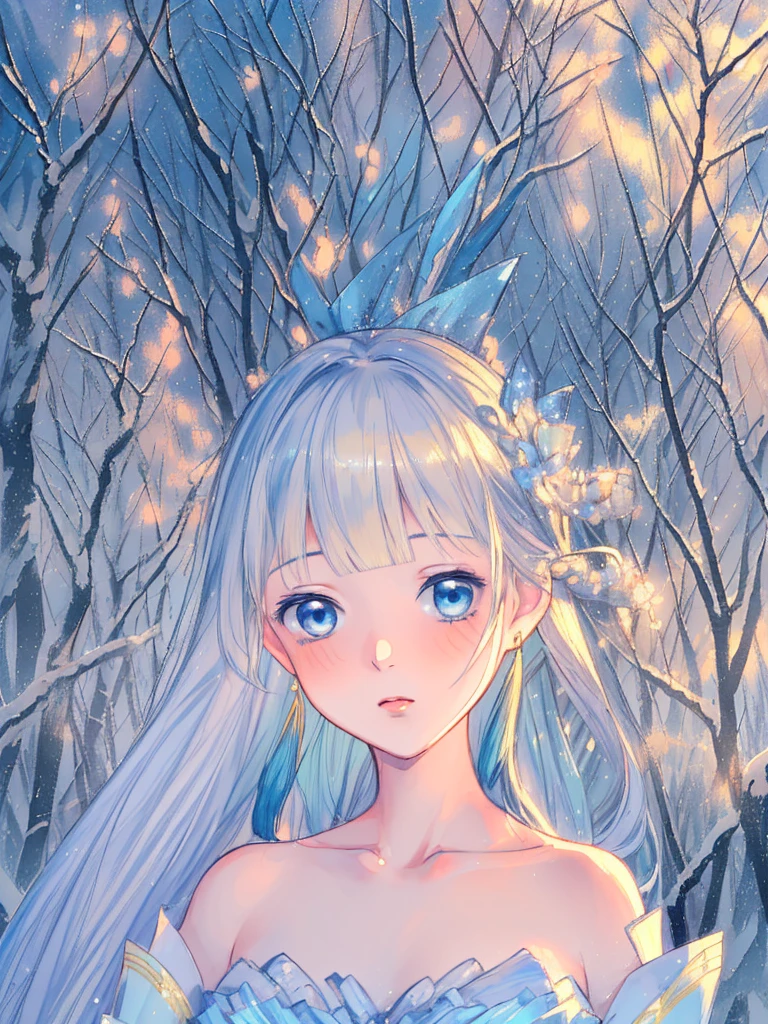 (masterpiece, top quality, best quality, official art, beautiful and aesthetic:1.2),highest detailed , 8k photo quality,((ultra-detailed)), (highly detailed CG illustration), ((an extremely delicate and beautiful)) , Yuki Onna, 1girl, japanese kimono, bare shoulder, light blue hair, extremely long hair, blue eyes, hair ornament, blue ribbon, blue earring, medium chest