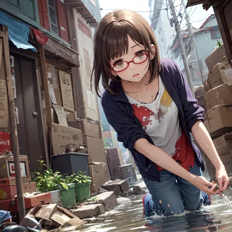 surprise expression、soaked、glasses、nfsw、wandering the slums、tattered clothes、torn and muddy、傾いたglasses