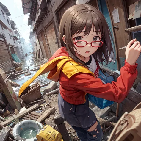 surprise expression、soaked、glasses、nfsw、wandering the slums、tattered clothes、torn and muddy、傾いたglasses