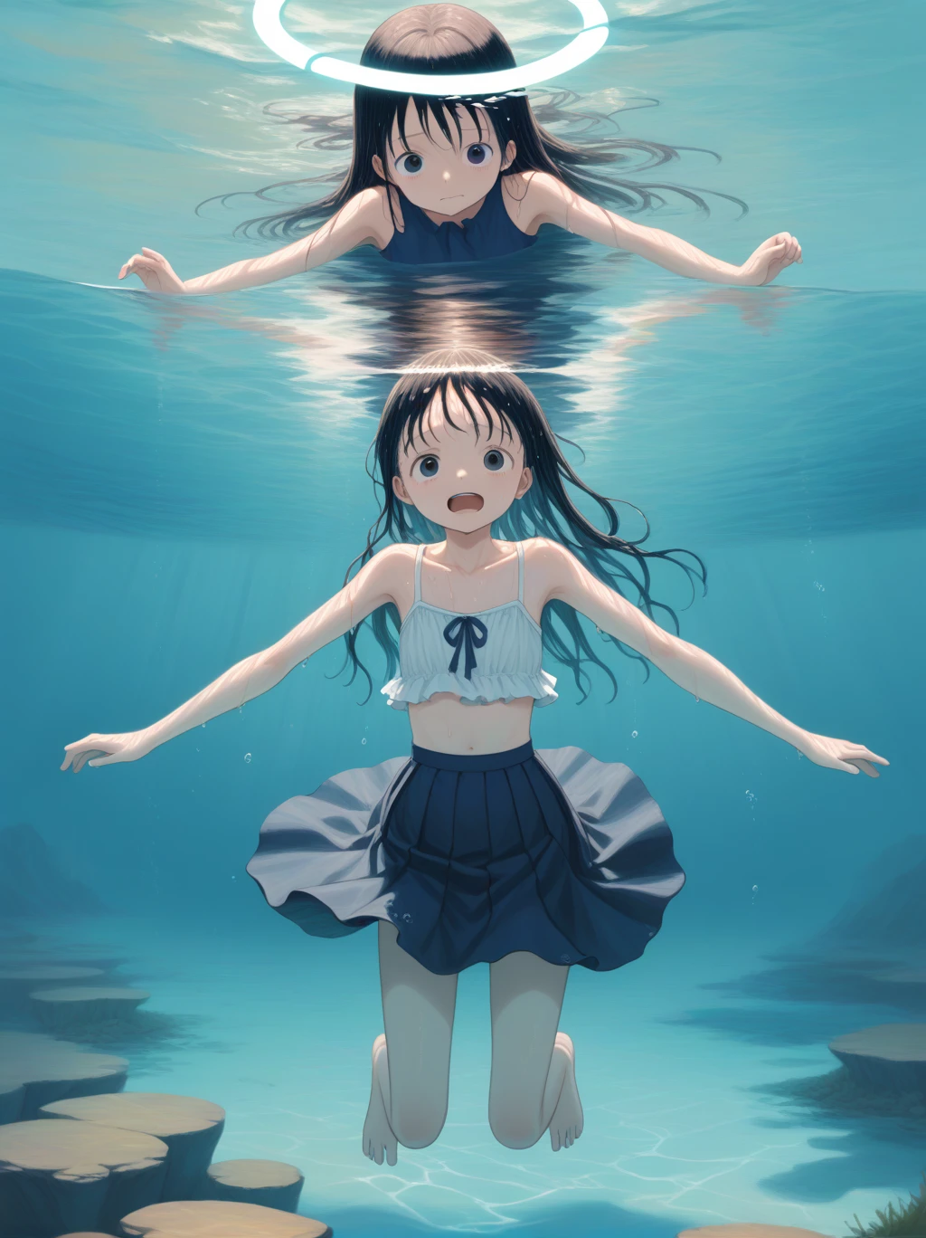 partially underwater, Lake Goddess, Long Hair, Wet Hair,lake,、Flat Chest、one piece、Above the water line from the neck、Body in water, ,The skirt flips up due to buoyancy、Angel halo