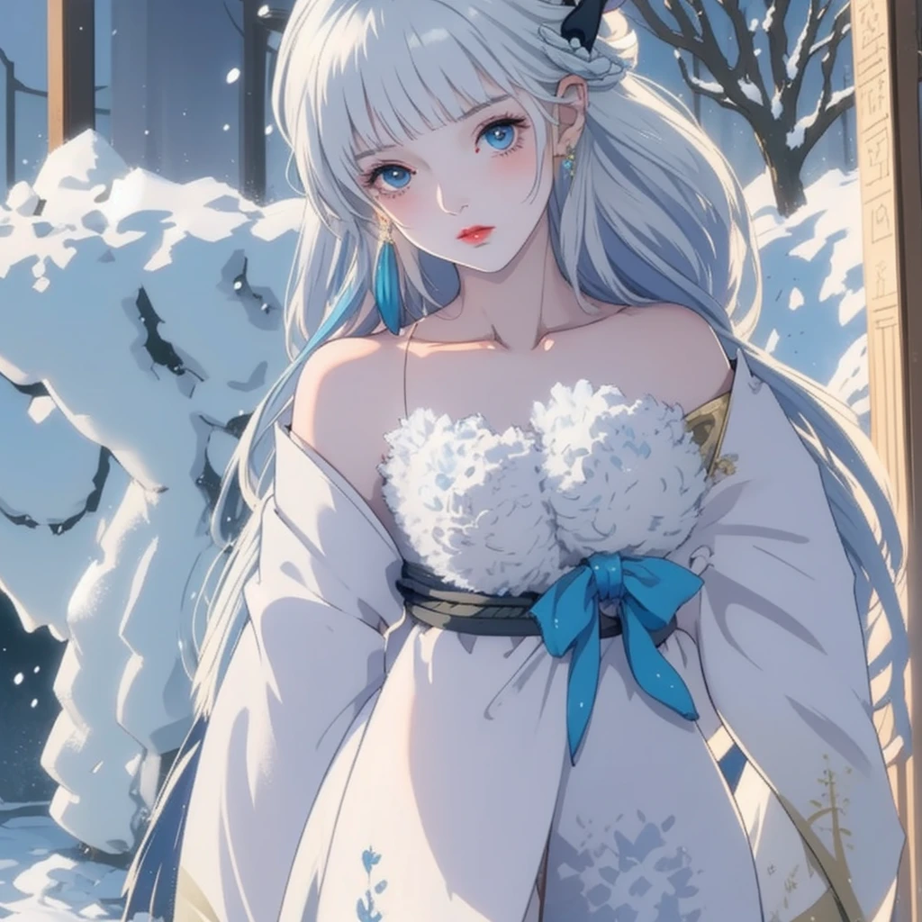 Anime girl in the snow, Beautiful anime girl,  anime style 4k, Beautiful anime woman, Beautiful anime, beautiful anime girl, flowing hair,  anime waifu wearing beautiful clothes, Beautiful anime style, Attractive anime girl, Beautiful anime artwork, anime wallpaper 4k, HD anime wallpaper,Yuki Onna, 1girl, japanese kimono, bare shoulder, light blue hair, extremely long hair, blue eyes, hair ornament, blue ribbon, blue earring, medium chest, full body, upper body