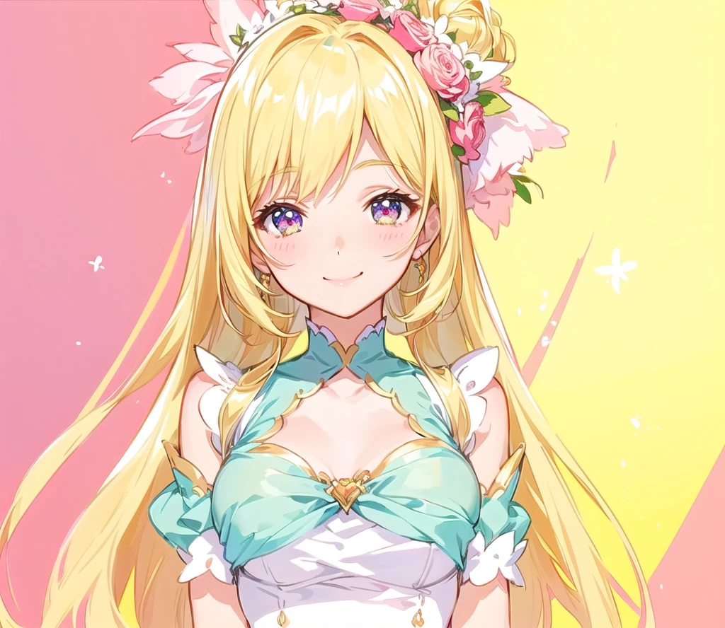 Garota anime com cabelo loiro e vestido rosa posando para a câmera, meu vestido querido anime, Shirabii, , sorrindo como uma rainha de fadas, Deusa dos animes, Um pêssego suculento que parece um humano, shikami, waifu de anime fofo em um lindo vestido, Eu também faço fan art, estilo de arte anime moe, Retrato bonito e realista, segurando um buquê、feliz