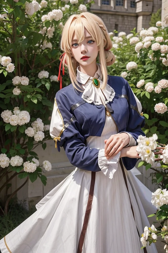 1girl in, (((masutepiece, Best Quality))),(Realistic, Photorealistic), Violet_Evergarden, Cowboy Shot, Blonde hair,braid, Red Hair Ribbon, Bangs, Short Blue Jacket, Blue long sleeves, Jewelry, Blue eyes, brooches, ascot, ((White long dress)), Looking at Viewer, Upper body, Outdoors, ((castle)),((Duan)) A city scape, green plant, Flowers,