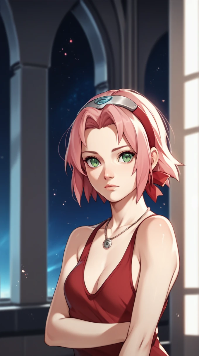 Fraction_9,Fraction_8_up,Fraction_7_up,Fraction_6_up,Fraction_5_Direction_4_up BREAK skinny,Necklace,Advanced Breast,White shoulders,indoor,bedroom,Glowing skin,Bokeh,bloom,在indoor,Light Particles,castle,space,1 Girl,Sakura Haruno,pink hair,short,hair,Green Eyes,Forehead protector,