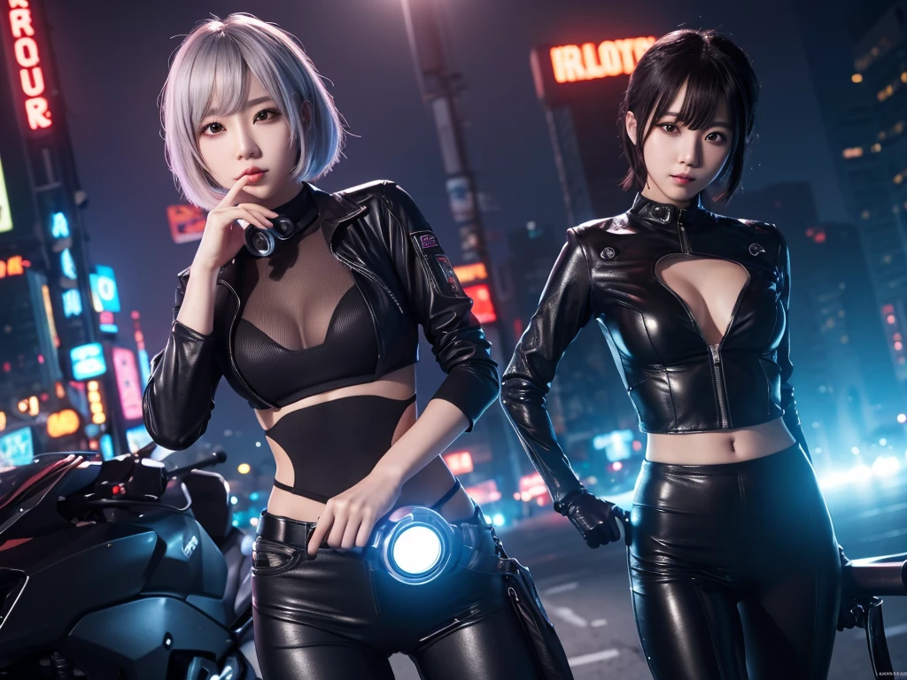 (8K, RAW Photos, Highest quality, masterpiece:1.2), (Realistic, photo-Realistic:1.37),(K-Pop Idols), (Charming monkey:1),cute,Professional Lighting, Photon Mapping, Radio City, Physically Based Rendering, Cosplay, Lucy \(cyber punk\),Bobcut,Machinery Parts,Grey Eyes, Black tight suit,cyber punk city, Black trousers,night,Neon Light,sexy,cigarette, Looking at the audience,, 8K high resolution, 8K, CG wallpaper, Realistic, Clear Background, Medium chest, whole body