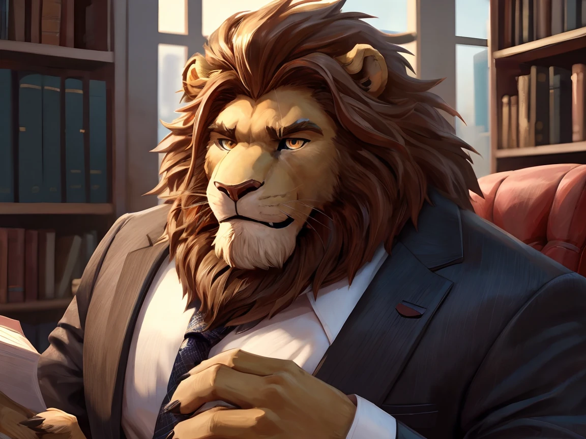 office，Looking at you with an embarrassed expression, Scene at the desk, , (super detailed), sharp focus, facial close-up（Shy，lion orc,golden eyes, brown mane, Light-colored fur, White beard, human nature (lion), male, middle aged, Shallow body, white belly, muscular, super detailed face, (exquisite eyes)frown,Embarrassed expression，Tooth grinned，suit and tie，motion blur, (best quality), (masterpiece), high detail, high quality, Award-winning, high resolution, HD, 16K, 