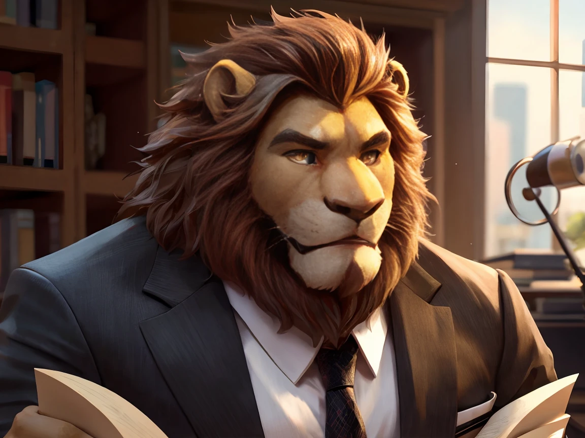 office，Looking at you with an embarrassed expression, Scene at the desk, , (super detailed), sharp focus, facial close-up（Shy，lion orc,golden eyes, brown mane, Light-colored fur, White beard, human nature (lion), male, middle aged, Shallow body, white belly, muscular, super detailed face, (exquisite eyes)frown,Embarrassed expression，Tooth grinned，suit and tie，motion blur, (best quality), (masterpiece), high detail, high quality, Award-winning, high resolution, HD, 16K, 