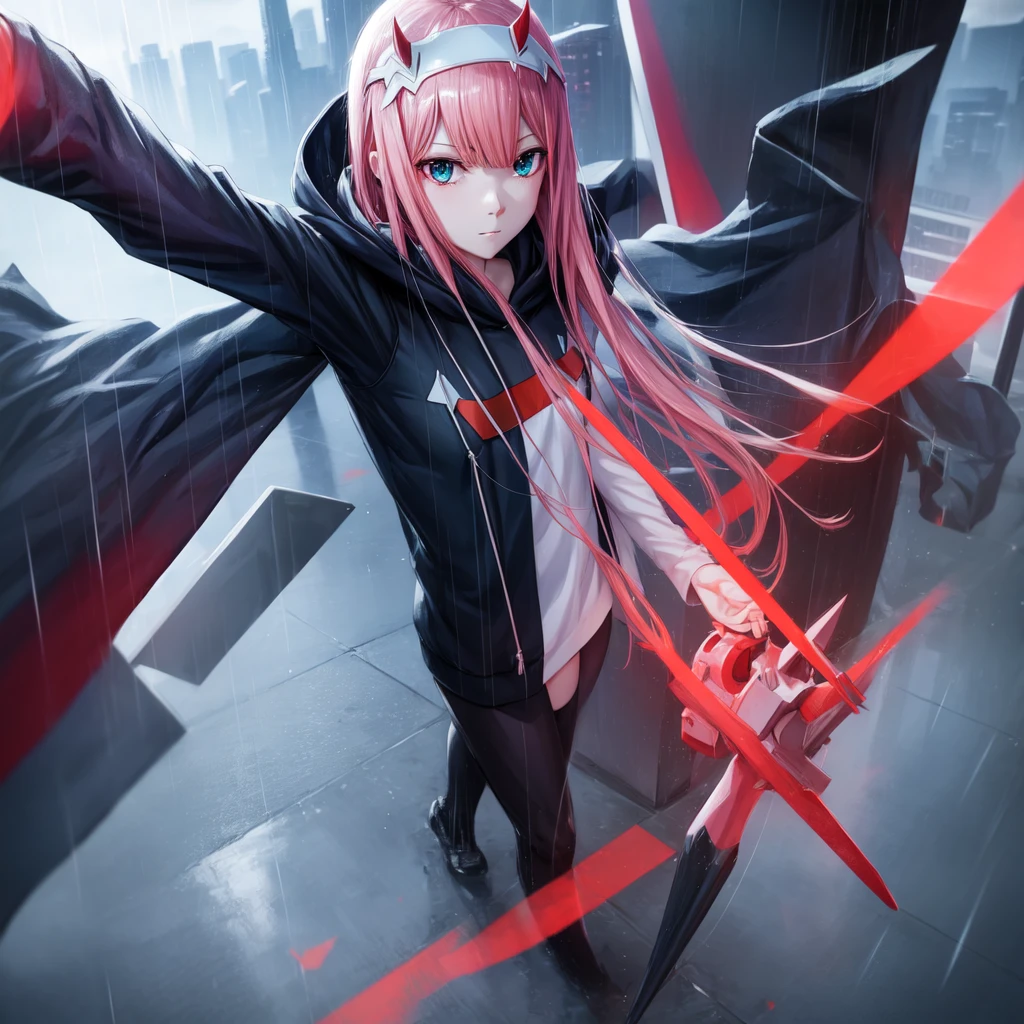 Character: Zero two, anime: darling in the franxx, adult body, happy face, In city, Wearing a black hoodie, Rainy conditions