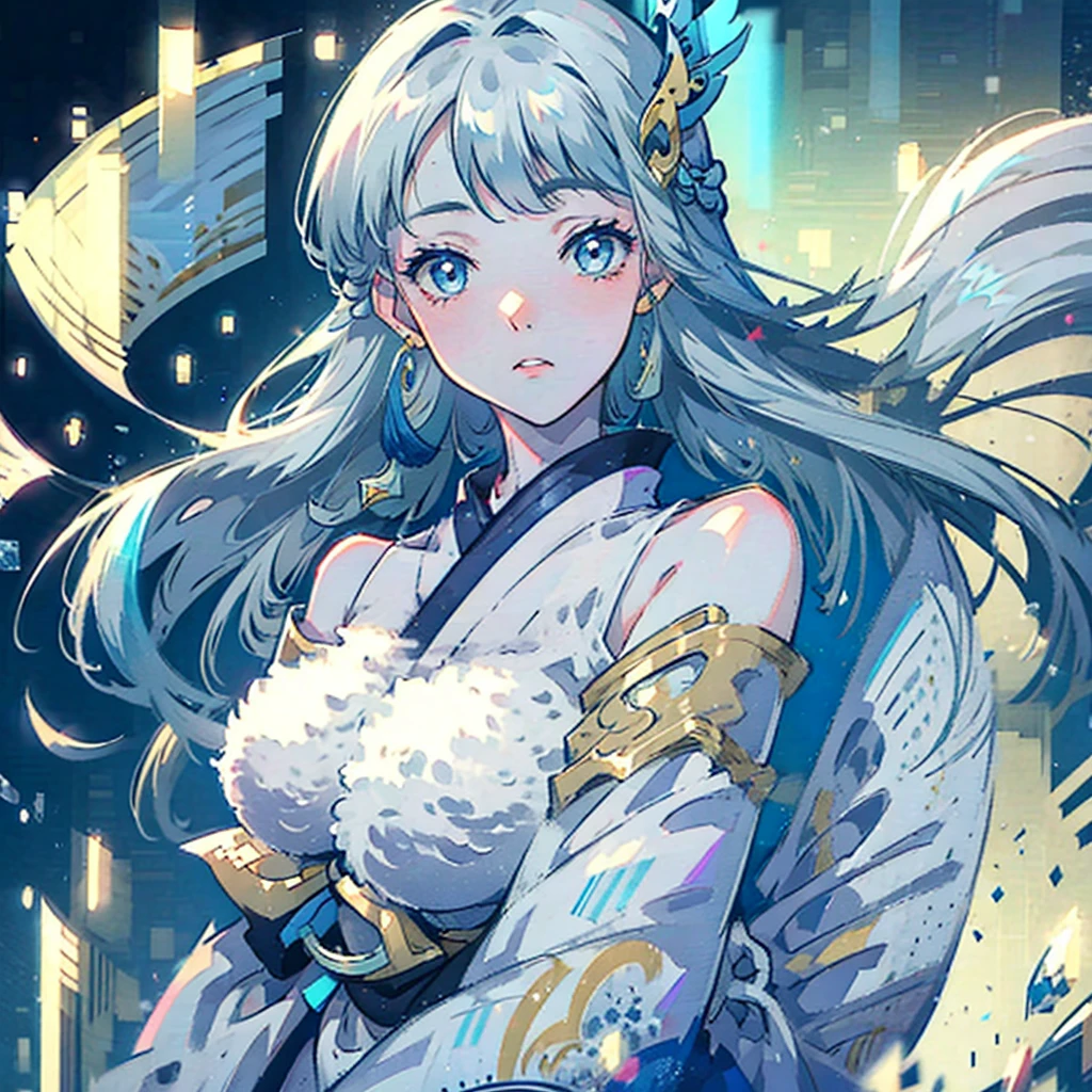 a close-up of a girl,  anime fantasy illustration, Yuki Onna, 1girl, japanese kimono, bare shoulder, light blue hair, extremely long hair, blue eyes, hair ornament, blue ribbon, blue earring, medium chest