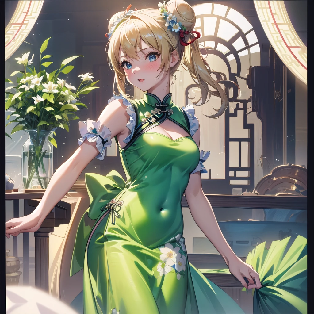 30 years old,1 girl,hyperrealistic, 8k, (extremely detailed 8k), (very delicate and beautiful), (masterpiece), (better quality:1.0), (ultra high resolution:1.0), (masterpiece, best quality), cute,blonde,cleavage cutout,(broen dress:1.3),(crop top navel:1),gleaming skin,twintails,twin bun,a red ribbon on the head,long hair,light green Chinese dress,close up of face,delighted,light green frill apron,pjnk border,hold a bouquet of flwers,from the front,a bunch of flowers