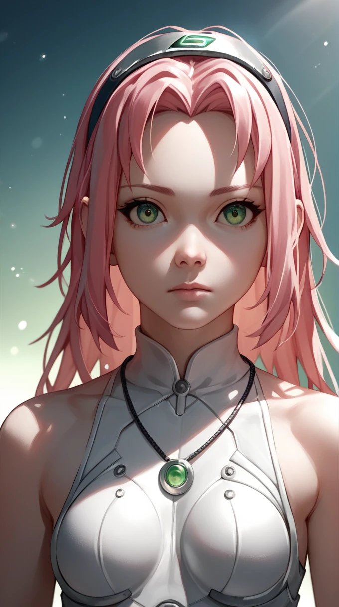 Necklace,Advanced Breast,White shoulders,indoor,Model background,Glowing skin,Bokeh,bloom,在indoor,Light Particle Fashion,1 Girl,Sakura Haruno,pink hair,short,hair,Green Eyes,Forehead protector,
