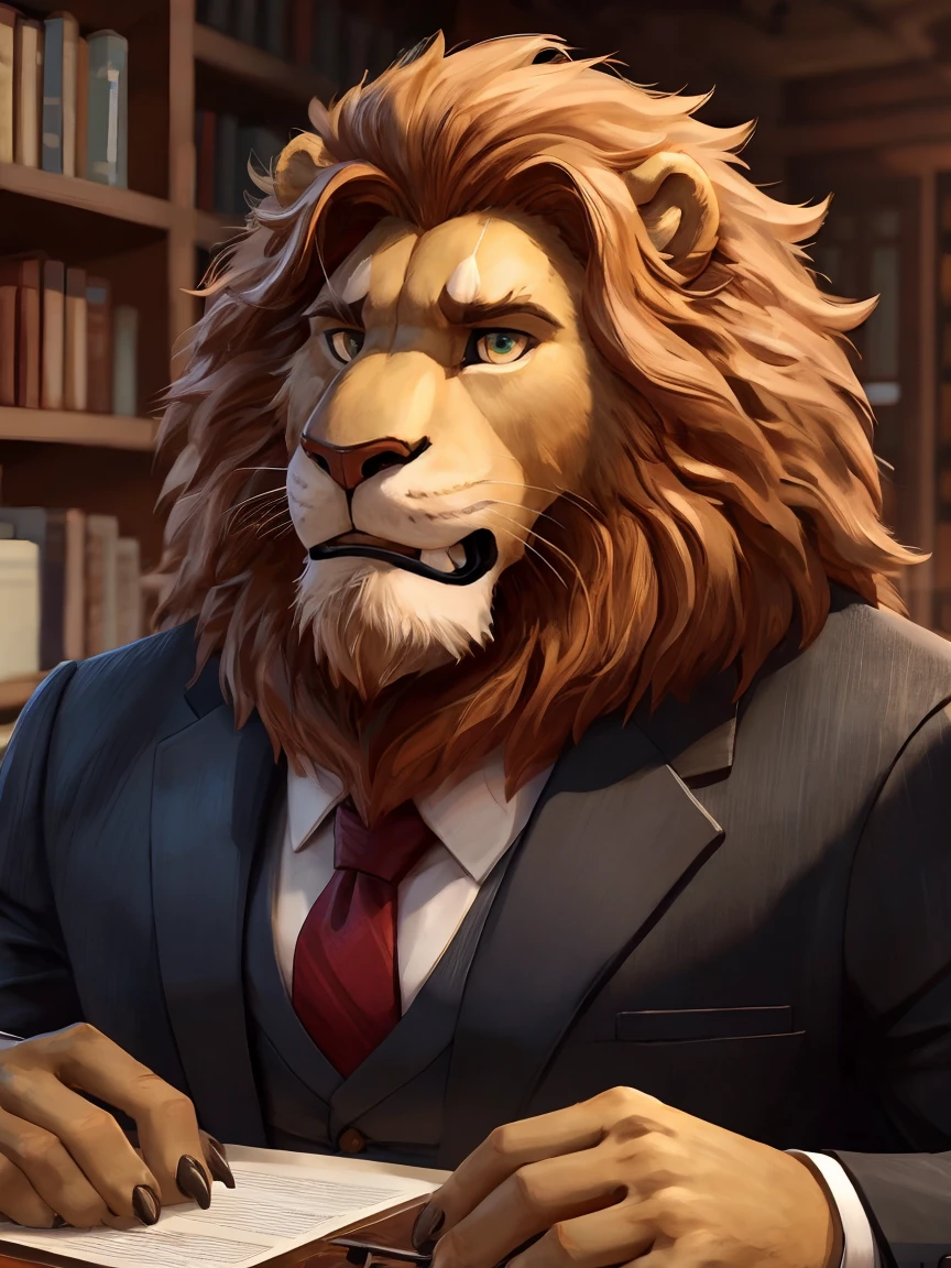 office，Looking at you with an embarrassed expression, Scene at the desk, , (super detailed), sharp focus,Shy，lion orc,golden eyes, brown mane, Light-colored fur, White beard, human nature (lion), male, middle aged, Shallow body, white belly, muscular, super detailed face, (exquisite eyes)frown,Embarrassed expression，Tooth grinned，suit and tie，motion blur, (best quality), (masterpiece), high detail, high quality, Award-winning, high resolution, HD, 16K, 