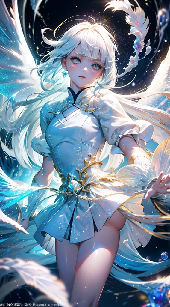 white dragon girl，（Cute Girl），teenage girl，stare，Absolutely beautiful.，exquisite face，white fluorescent tulle，A small white dragon surrounded him.，white flame particle effect，Dragon Feather Decorated with white feathers.，（(Cute face）)，glowing scales，Focus on the face，Detailed background，white dragon background，splash of color，Masterpiece，soft，angel，angelอากาศกระพือ，Surreal and realistic，Popular CG renderings，Highest picture quality，crystal，big moon moonlight background，Moisturized lips，8K