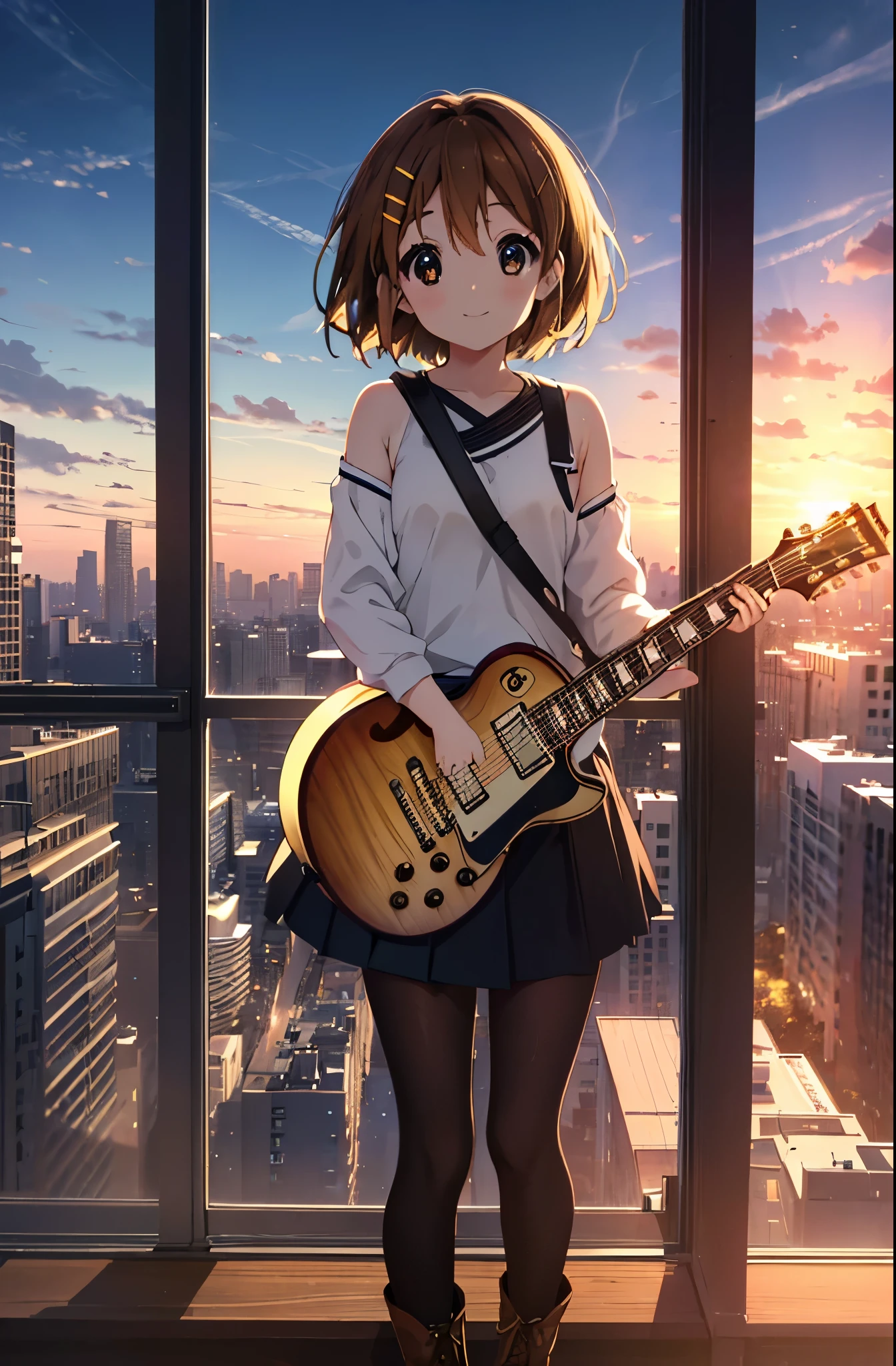 yuihirasawa, Yui Hirasawa, short hair, Brown Hair, hair ornaments, (Brown eyes:1.5),blush,smile,White oversized one-shoulder sweater,Black pleated skirt,White Pantyhose,short boots,Hair Clip,guitar(Gibson　Les Paul)Flip、smile、Overlooking the city from the top of the hill、Beautiful sunset、the wind is strong、whole bodyがイラストに入るように,
break otdoors, 丘
break looking at viewer, whole body、
break (masterpiece:1.2), Highest quality, High resolution, unity 8k wallpaper, (shape:0.8), (Beautiful and beautiful eyes:1.6), Highly detailed face, Perfect lighting, Highly detailed CG, (Perfect hands, Perfect Anatomy),