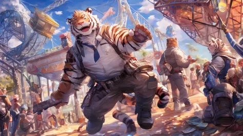 Tiger personification、A happy look、masterpiece、Highest quality、Detailed Background、amusement park