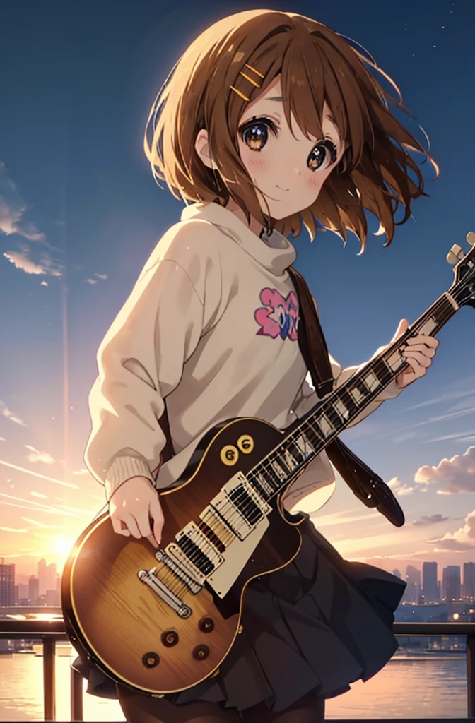 Yuihirasawa, Yui Hirasawa, cabelo curto, cabelo castanho, enfeites de cabelo, (Olhos castanhos:1.5),corar,sorriso,suéter branco grande,saia preta plissada,meia-calça branca,botas curtas,Presilha de cabelo,guitarra(Gibson　Les Paul)insolente、sorriso、Com vista para a cidade do topo da colina、lindo pôr do sol、o vento é forte、todo o corpoがイラストに入るように,
QUEBRAR otdoors, 丘
QUEBRAR looking at viewer, todo o corpo、
QUEBRAR (obra de arte:1.2), mais alta qualidade, Alta resolução, papel de parede da unidade 8k, (forma:0.8), (Olhos lindos e lindos:1.6), Rosto altamente detalhado, iluminação perfeita, CG altamente detalhado, (mãos perfeitas, anatomia perfeita),