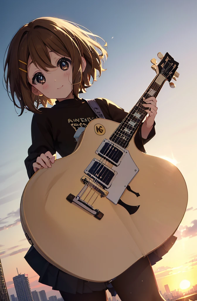 Yuihirasawa, Yui Hirasawa, cabelo curto, cabelo castanho, enfeites de cabelo, (Olhos castanhos:1.5),corar,sorriso,suéter branco grande,saia preta plissada,meia-calça branca,botas curtas,Presilha de cabelo,guitarra(Gibson　Les Paul)insolente、sorriso、Com vista para a cidade do topo da colina、lindo pôr do sol、o vento é forte、todo o corpoがイラストに入るように,
QUEBRAR otdoors, 丘
QUEBRAR looking at viewer, todo o corpo、
QUEBRAR (obra de arte:1.2), mais alta qualidade, Alta resolução, papel de parede da unidade 8k, (forma:0.8), (Olhos lindos e lindos:1.6), Rosto altamente detalhado, iluminação perfeita, CG altamente detalhado, (mãos perfeitas, anatomia perfeita),