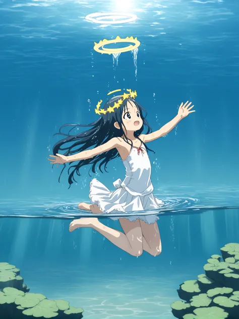 partially underwater, lakeの女神, Long Hair, Wet Hair,lake,8-year-old、Flat Chest、one piece、Above the water line from the neck、Body ...