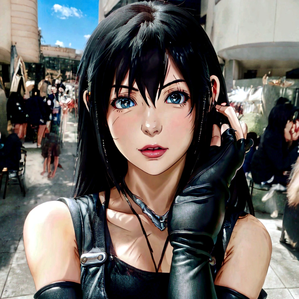 Há uma mulher vestindo uma blusa preta e luvas., garotas de anime cosplay, tifa lockheart, tifa, tifa lockhart, garotas de anime in real life, anime cosplay, seductive tifa lockhart portrait, glamorous tifa lockheart, portrait of tifa lockhart, tifa lockhart portrait, attractive garotas de anime, Garota andróide perfeita, cosplayer, cosplay, garotas de anime