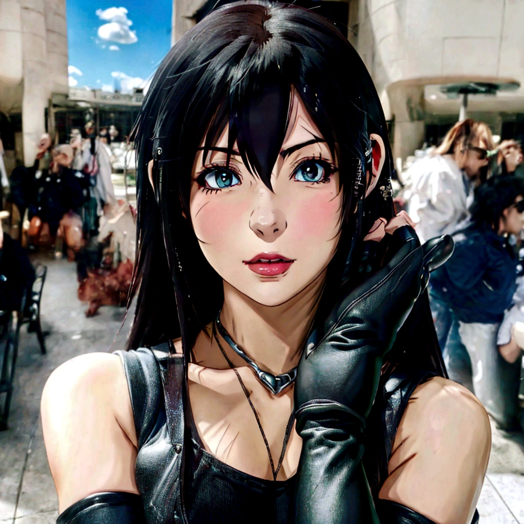 Há uma mulher vestindo uma blusa preta e luvas., garotas de anime cosplay, tifa lockheart, tifa, tifa lockhart, garotas de anime in real life, anime cosplay, seductive tifa lockhart portrait, glamorous tifa lockheart, portrait of tifa lockhart, tifa lockhart portrait, attractive garotas de anime, Garota andróide perfeita, cosplayer, cosplay, garotas de anime