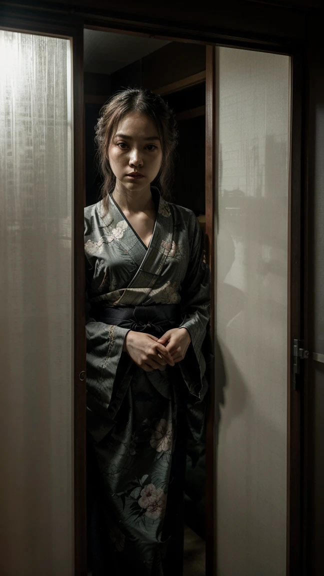 A sliding door is slightly open in a Japanese-style room。Please create an image of a creepy ghost of a woman wearing a kimono seen from inside the room through the gap in the sliding door.。The woman is pale and has an eerie look.、Make sure the eyes are bright or reflecting a cold light.。The background is a dimly lit Japanese-style room in the middle of the night.。With a narrow gap、Emphasize the feeling of being watched from the dark。
