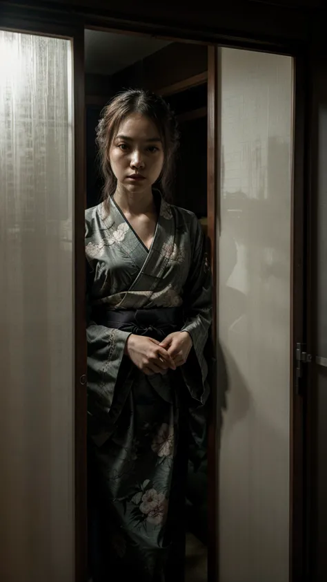 A sliding door is slightly open in a Japanese-style room。Please create an image of a creepy ghost of a woman wearing a kimono se...