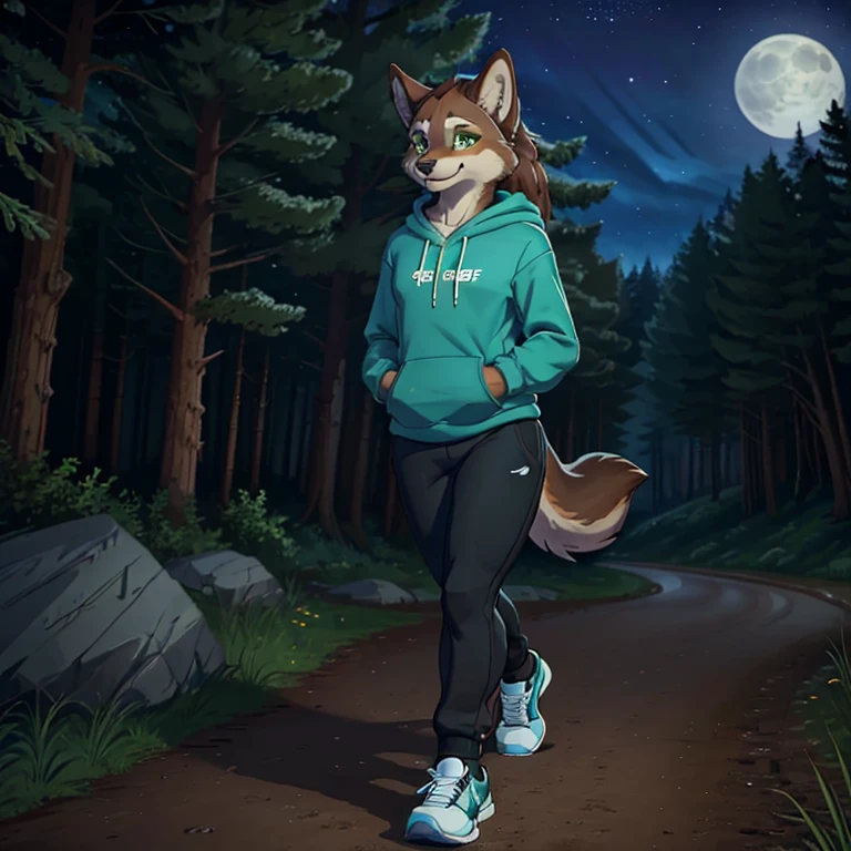 Masterpiece, best quality, high quality, One Brown furry wolf girl, has green eyes, has brown wolf tail, wears a blue hoodie with black sport pants, wears Nike shoes, in the forest, walking in the path, smile, Night, sky full of stars and a Full Moon