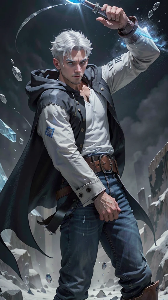 Design 1 male mage throwing an ice beam. Young man in ice hooded cape.Light gray hair Gray eyes Wearing a white button-down shirt Wearing jeans with a raised crotch. Wearing a brown belt Wearing short brown boots Wearing blue gloves on her hands. epic.cinematic. 8K. ultra HD. 