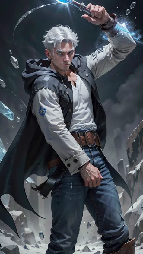 Design 1 male mage throwing an ice beam. Young man in ice hooded cape.Light gray hair Gray eyes Wearing a white button-down shir...