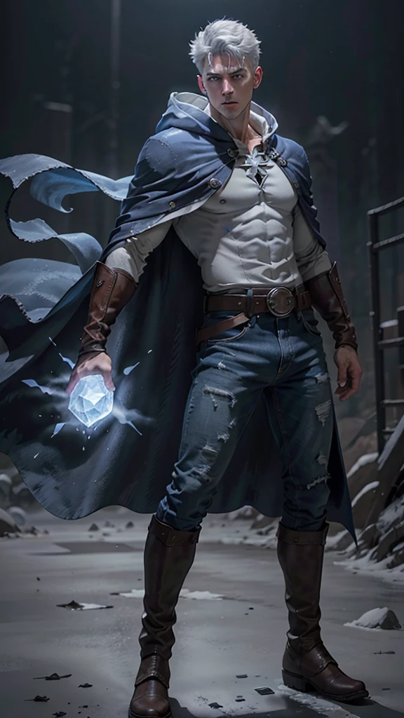 Design 1 male mage throwing an ice beam. Young man in ice hooded cape.Light gray hair Gray eyes Wearing a white button-down shirt Wearing jeans with a raised crotch. Wearing a brown belt Wearing short brown boots Wearing blue gloves on her hands. epic.cinematic. 8K. ultra HD. 