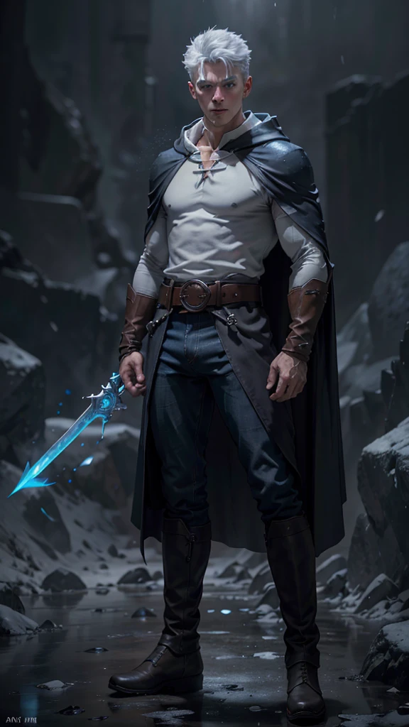 Design 1 male mage throwing an ice beam. Young man in ice hooded cape.Light gray hair Gray eyes Wearing a white button-down shirt Wearing jeans with a raised crotch. Wearing a brown belt Wearing short brown boots Wearing blue gloves on her hands. epic.cinematic. 8K. ultra HD. 