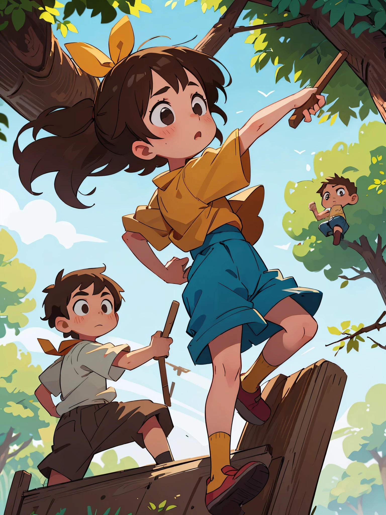 A girl named Emma holding a ladder steady while a boy hammers a plank on a tree branch, with other kids busy with tools around them.