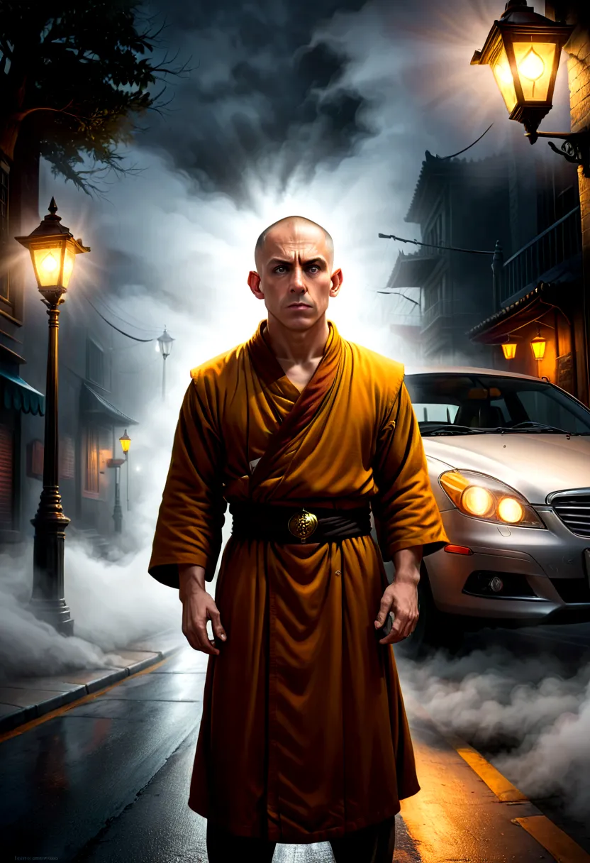 monk illustration,, the confident tension and thrill are evident on his face. break case solved., street, street lamp, parked ca...