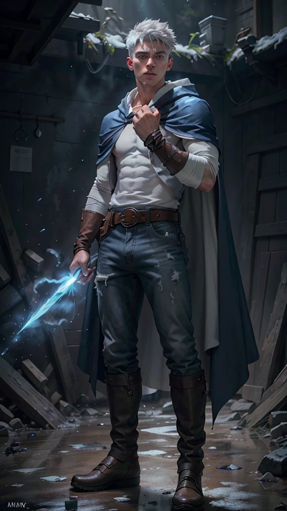 Project 1 young wizard throwing an ice beam. Young man in ice hooded cape.Light gray hair Gray eyes Wearing a white button-down shirt Wearing jeans with a large raised crotch marked on the clothing. Wearing a loose brown belt showing her swim trunks. Wearing short brown boots Wearing blue gloves on her hands. epic.cinematic. 8K. ultra HD. 